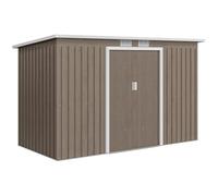 Outsunny Abri de jardin 3,2 m² en acier galvanisé avec kit de fondation, prises d'air, hangar à outils avec toit incliné, double porte coulissante verrouillable, gris effet bois