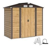 Outsunny Abri de Jardin en métal 2,36 m², cabane de Jardin Exterieur en Acier galvanisé Facile à Monter, avec kit de Fondation, Portes Doubles avec Serrure abri à Outils extérieur 213x120x194cm chêne