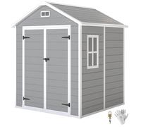 Outsunny Abri de Jardin en résine 2,7 m² avec Plancher Structure en Aluminium 182 x 151 x 219 cm, cabane de Jardin cabanon Rangement Outils Portes avec Serrure et clés 3 fenêtre, Gris