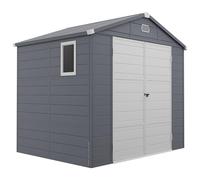 Outsunny Abri de jardin en résine 4,6 m² avec kit de fondation galvanisé structure en aluminium 240 x 190 x 228 cm, cabane de jardin cabanon rangement outils avec portes à loquet 3 fenêtre, gris foncé