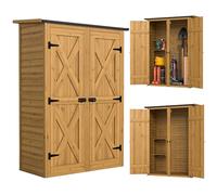 Outsunny Abri de Rangement en Bois, Cabane de Jardin avec 2 Étagères, Double Portes et Loquets, Armoire à Outils avec Toit Incliné pour Terrasse, Jardin, Garage, Marron