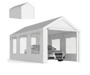Outsunny Abri de Voiture 3x6m UV30+ Hauteur Réglable Carport Blanc | Acier Galvanisé Robuste Ø37mm, Garage Mobile, Tente de Garage, 6 Fenêtres, Moustiquaire