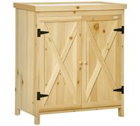 Outsunny Armoire de Jardin, Armoire de Rangement de Jardin, avec Plateau en métal galvanisé étagère Double Porte avec poignée Pieds surélevés en Bois Massif 80 x 45 x 92 cm Bois Naturel
