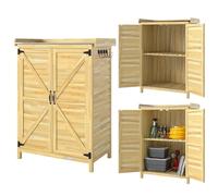 Outsunny Armoire de Jardin, Armoire extérieure de Rangement en Bois avec étagère et Crochets, Plan de Travail en métal galvanisé, Table de rempotage pour Balcon, terrasse, 71,5x39x95cm, Bois Naturel