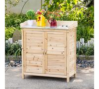 Outsunny Armoire de Jardin avec 2 Compartiments, Plan de Travail en Métal avec Rebord, Bois Naturel, 83 x 40 x 92 cm