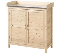 Outsunny Armoire de jardin et table de plantation 83x40x92cm naturel | Remise en bois, plan de travail galvanisé, 2 étagères, armoire à outils, pour balcon jardin