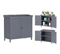 Outsunny Armoire de Rangement de Jardin sur Pied avec Double Porte Gris | Table de Rempotage 2 en 1, Étagère Intégrée, Plateau en Métal Galvanisé