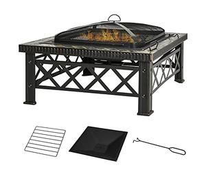 Outsunny Bac à feu 3 en 1 Corbeille de feu Foyer avec pare-étincelles Grille seau à glace Jardin BBQ Noir 76cm x 76cm x 47cm