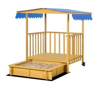 Outsunny Bac à Sable Bac à Sable avec Maison de Jeu Bac à Sable avec Auvent, 133 x 129 x 137, 5 cm, Bois + Bleu