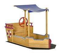 Outsunny Bac à Sable Bateau de Pirate en Bois Voile d'ombrage 160x70x103cm