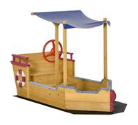 Outsunny Bac à Sable Bateau de Pirate en Bois Voile d'ombrage 160x70x103cm | Coffre Rangement, Gouvernail, Bois Sapin Pré-Huilé