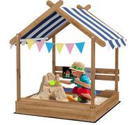 Outsunny Bac à Sable Bois Forme de Maison pour Enfant 124 x 116 x 146 cm - avec auvent, 2 bacs, évier, Tableau Noir, fanions - Bois Sapin Autoclave