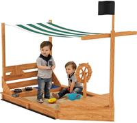 Outsunny Bac à sable Grand bac à sable avec couvercle en design bateau Bac à boue en bois Bateau à voile Maison de jeu avec kit de jeu de cuisine Rangement pour enfants 3-7 ans Orange 180 x 103 x 144,