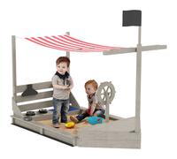 Outsunny Bac à sable Grand bac à sable avec couvercle en design bateau Voilier Bac à sable en bois avec jeu de cuisine Rangement pour enfants 3-7 ans 180 x 103 x 144,5 cm Gris