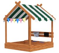 Outsunny Bac à sable pour enfants avec auvent, 6 fanions, 2 bacs, robinet et tableau en forme de maison pour patio 124x116x146 cm orange