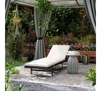 Outsunny Bain de soleil chaise longue avec coussin en résine tressée inclinable avec roulettes, 198 x 65 x 85 cm, crème