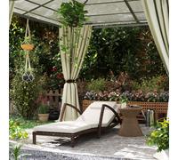 Outsunny Bain de soleil, chaise longue en résine tressée avec dossier réglable, roulettes, coussin et accoudoirs, marron et beige