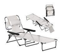 Outsunny Bain de Soleil Chaise Longue Pliante avec appuie-tête, Trou de Lecture, Dossier inclinable en textilène, transat Jardin extérieur pour Plage Relax Camping Piscine terrasse, crème