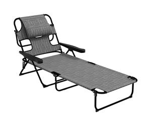 Outsunny Bain de Soleil Chaise Longue Pliante avec appuie-tête, Trou de Lecture, Dossier inclinable en textilène, transat Jardin extérieur pour Plage Relax Camping Piscine terrasse, Gris mélangé