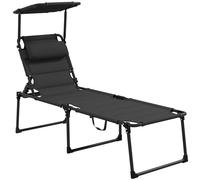 Outsunny Bain de Soleil, Chaise Longue Pliante avec Pare-Soleil, appuie-tête en Tissu Oxford, transat Jardin extérieur inclinable de Plage Camping Piscine terrasse 70 x 200 x 45 cm Noir