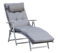 Outsunny Bain de Soleil Pliable Transat 7 Positions Charge 165 kg Gris | Inclinable, Chaise Longue, Dossier, Coussin, Appui-tête, Accoudoirs, Métal Époxy Textilène Polyester, pour Jardin, Piscine