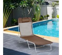 Outsunny Bain de soleil transat chaise longue inclinable pliable avec oreiller dossier réglable sur 5 niveaux marron