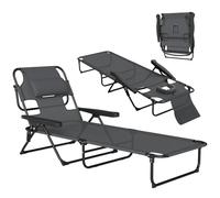 Outsunny Bain de Soleil Transat de Plage Pliable Appuie-Tête Gris | Trou de Lecture, Chaise Longue, Dossier Inclinable en Textilène, Jardin Extérieur, Camping, Piscine, Terrasse