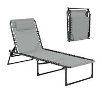 Outsunny Bain de Soleil transat Pliable Dossier inclinable Multi-Positions Appui-tête Acier thermoplastique Lacets élastiques Noir textilène Gris