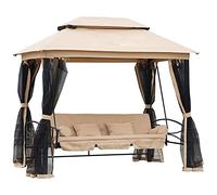 Outsunny Balancelle de Jardin 3 Places Convertible Style Colonial Grand Confort 5 Coussins + Matelas + moustiquaires Inclus 2,56L x 1,72l x 2,48H m Marron Clair