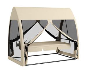 Outsunny Balancelle de Jardin Convertible 3 Places, balancelle d'extérieur avec auvent et Coussins, Filet avec Fermetures éclair, Poche, pour Jardin, Cour, Beige