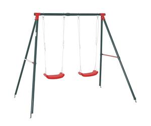 Outsunny Balançoire double pour enfants + 3 ans avec support en métal Jeu de balançoire pour enfant Corde réglable extérieure Charge max. 40 kg 220 x 160 x 180 cm Vert Rouge