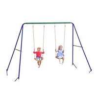 Balançoire et portique multi-activités Outsunny Balançoire 2 agrès portique avec 2 balançoires dim. 2,69L x 1,6l x 1,8H m métal époxy anticorrosion vert bleu PP orange