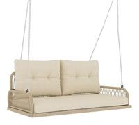 Outsunny Banc Suspendu en Résine Tressée 2 Places avec Coussins Amovibles et Lavables, Balancelle de Jardin Extérieure avec Chaînes en Acier, Charge 240 kg, 115x66x44cm, Beige