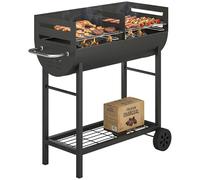 Outsunny Barbecue à charbon de bois avec chariot de barbecue à 2 zones de cuisson, grille réglable en hauteur, étagère en bois, roues, poignée latérale, barbecue à charbon de bois portable pour