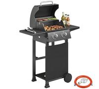 Outsunny Barbecue à gaz 5,4 kW 2 brûleurs en acier avec table latérale pliable, thermomètre, grille de cuisson chromée, rouleau de réchauffement, barbecue à gaz pour balcon, fête, barbecue, noir