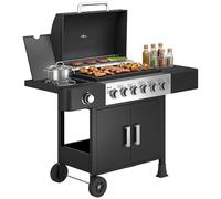 Outsunny Barbecue à gaz 6+1 brûleurs, chariot portable avec roues, grille de maintien au chaud, thermomètre intégré, étagères latérales, placard, couvercle, noir