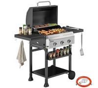 Outsunny Barbecue à gaz 9 kW 3 brûleurs en acier inoxydable avec table latérale pliable, porte-épices, étagère inférieure, 6 crochets, thermomètre, grille de cuisson en émail, grille de maintien au