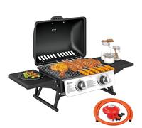 Outsunny Barbecue à gaz à 2 brûleurs avec tables latérales pliables, barbecue à gaz portable avec thermomètre intégré, couvercle, bac à graisse pour jardin, fête, camping, pique-nique, cuisine en