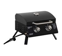 Barbecue gaz de table transportable pieds pliables - 2 brûleurs 5 kW - barbecue gaz de camping - grille de cuisson, réceptacle graisse, thermomètre - acier noir
