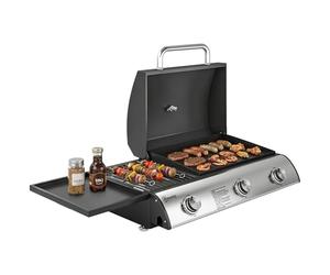 Outsunny Barbecue à Gaz de Table 3 Brûleurs - Combiné Gril et Plancha avec Couvercle et Thermomètre - 8,1 kW Portable pour Camping Balcon Terrasse - Surface de Cuisson 2224 cm², Noir