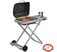 Outsunny Barbecue à gaz portable 1 brûleur 2,5 kW avec chariot pliable - Grille de cuisson latérale - Couvercle de table - Thermomètre - Bac récupérateur de graisse - Barbecue de table d'extérieur