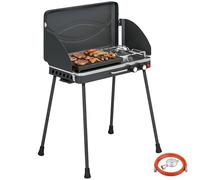 Outsunny Barbecue à gaz portable 2 brûleurs 7 kW 2 en 1 avec pieds pliables Grille de cuisson anti-vent Couvercle Revêtement antiadhésif Barbecue de camping Barbecue de table d'extérieur pour barbecue