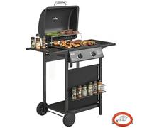 Outsunny Barbecue à gaz portable avec 2 brûleurs 5 kW avec thermomètre, tables latérales, étagère, grille chauffante, allumage piézoélectrique, plateau de graisse et 2 roues, noir