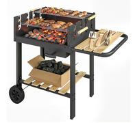 Outsunny Barbecue au Charbon de Bois avec 2 Grilles Réglableset 3 Accessoires, Chariot à Barbecue de Bois, Tablette Latérale, Récupérateur de Cendres et Roues, pour Jardin, Terrasse, Camping, Noir