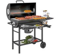 Outsunny Barbecue charbon de bois avec tablette avant pliable, grand barbecue au charbon de bois avec tablette inférieure, grille de cuisson, couvercle avec thermomètre et 2 roues, noir