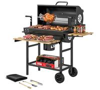 Outsunny Barbecue charbon de bois chariot de cuisson avec grille chauffante, étagères pliables, thermomètre, roues, rôtisserie électrique, 3 crochets et housse de protection, noir