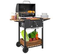 Outsunny Barbecue charbon de bois chariot de cuisson hauteur réglable, barbecue fumoir portable avec couvercle, grille, thermomètre, étagères, roues et décapsuleur, noir