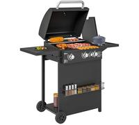 Outsunny Barbecue Gaz 3+1 Brûleurs en Acier 9,5 kW 2 Roues Couvercle Noir