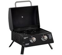 Outsunny Barbecue Gaz de Table Transportable Pieds Pliables 5 KW Noir | 2 Brûleurs, Barbecue Gaz de Camping, Grille de Cuisson 34x22,2cm, Réceptacle Graisse, Thermomètre, Acier Qualité Alimentaire