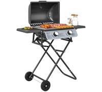 Barbecue gaz transportable - Outsunny - pliable - 2 brûleurs 5,6 kW - avec étagères latérales, thermomètre, couvercle, roues - noir